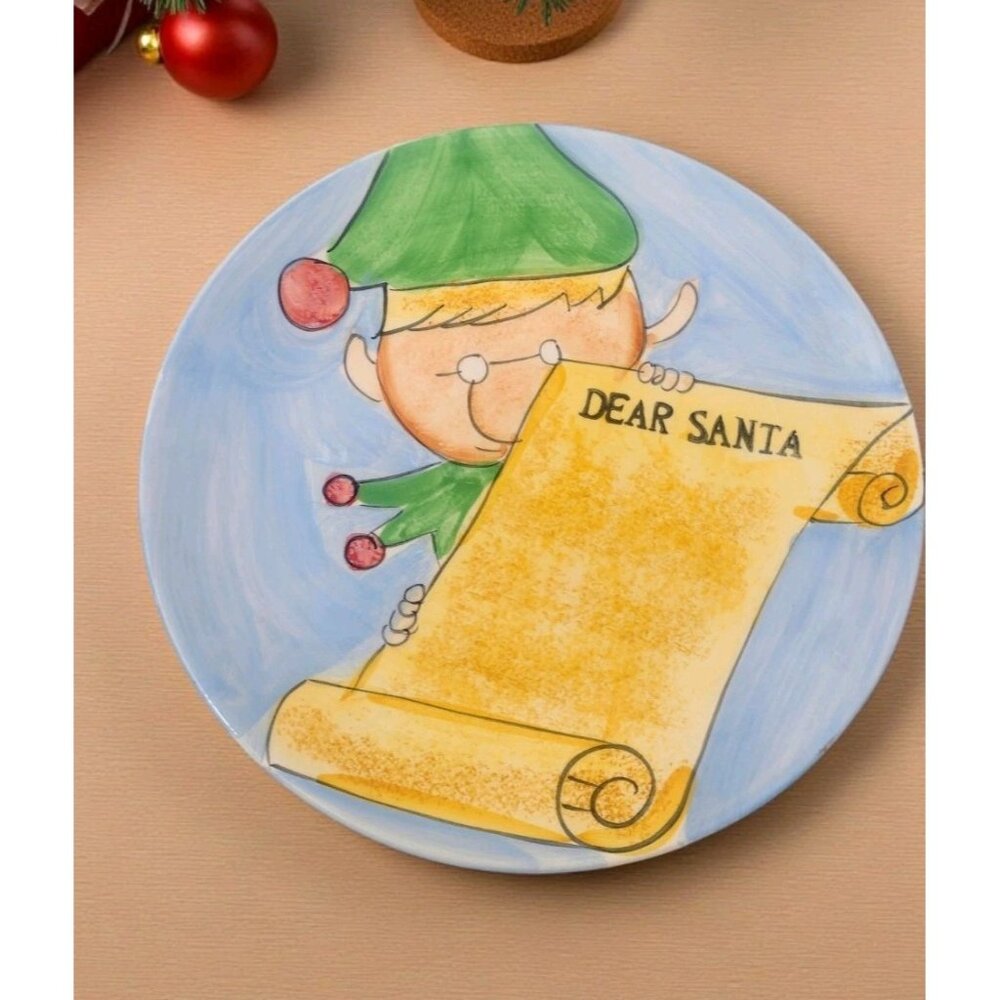 Tabletops Gallery Dear Santa Cookie Plate Handpainted Elf Christmas Eve Retro